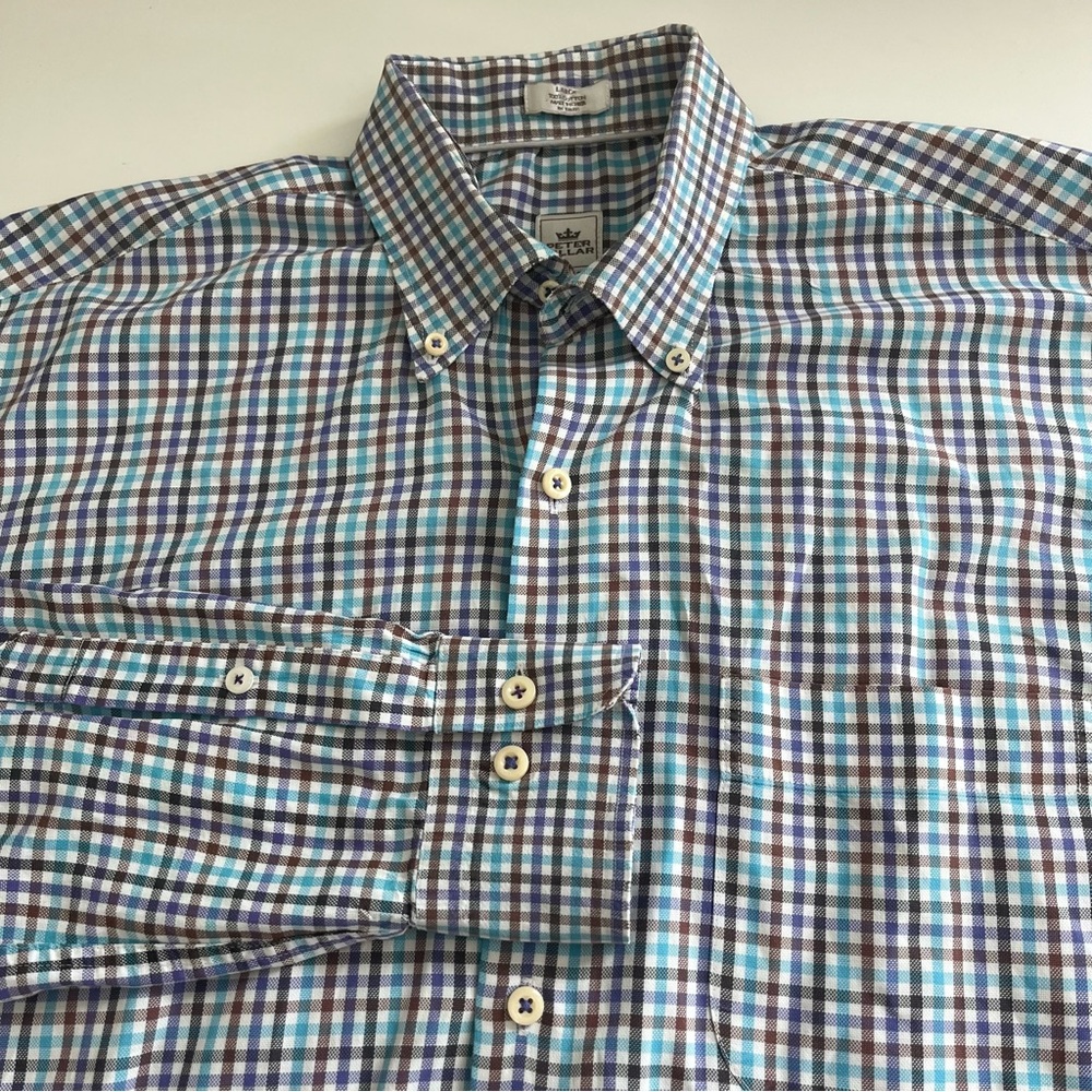 Peter Millar Men’s Purple Blue Plaid Long Sleeve Button Down large cotton